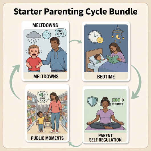 What's inside the Starter Calm Parenting Bundle: bedtime and self-regulation decks, listening hacks, calm scripts