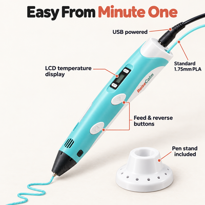 3D pen features: LCD temperature display, feed and reverse buttons, USB powered, standard 1.75mm PLA