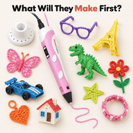 Kids' 3D pen creations: butterfly, glasses, Eiffel tower, dinosaur, race car and more