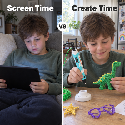 Screen time vs create time: the same boy with a tablet and with his 3D pen dinosaur