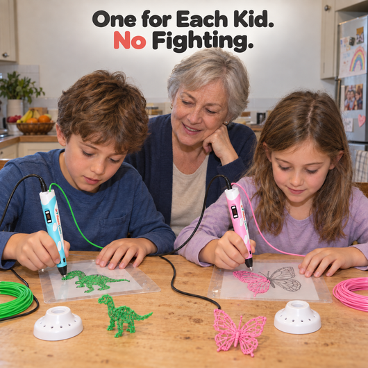 Brother and sister each building with their own 3D pen while grandma watches