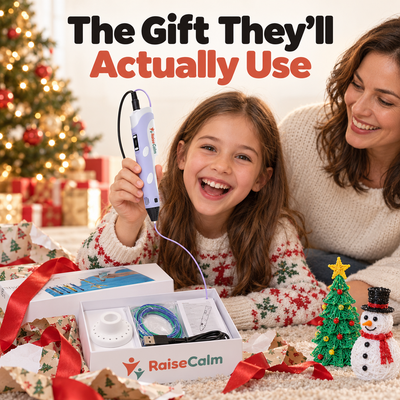 Girl unwrapping the 3D pen kit on Christmas morning
