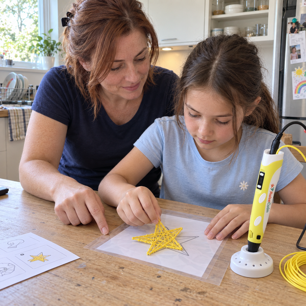 Mom helping her daughter trace her first 3D pen star