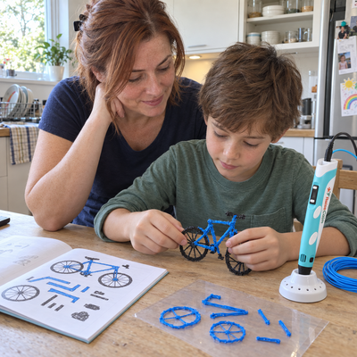 Boy building a 3D pen bicycle from the project book with his mom