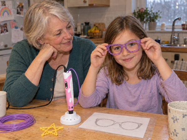 Girl wearing the play glasses she made with her 3D pen