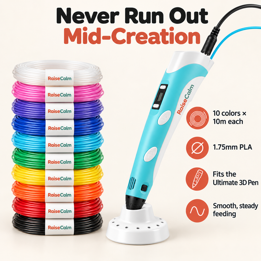 Filament refill pack features: 10 colors × 10m, 1.75mm PLA, fits the Ultimate 3D Pen, smooth feeding